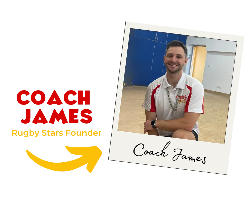 Coach James, Rugby Stars founder, smiling in a sports hall in Kibworth and Market Harborough